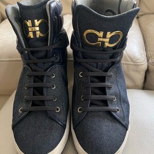 Salvatore Ferragamo Navy Denim High-Top Sneakers with Gold Gancini